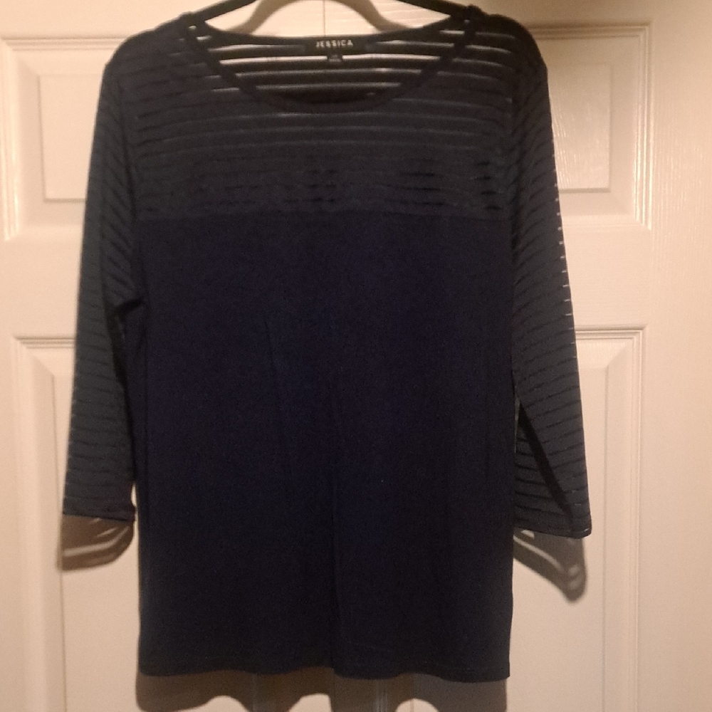 🔎Jessica-Navy Blue Sheer Striped Blouse Loose fit classy Look for all occasions